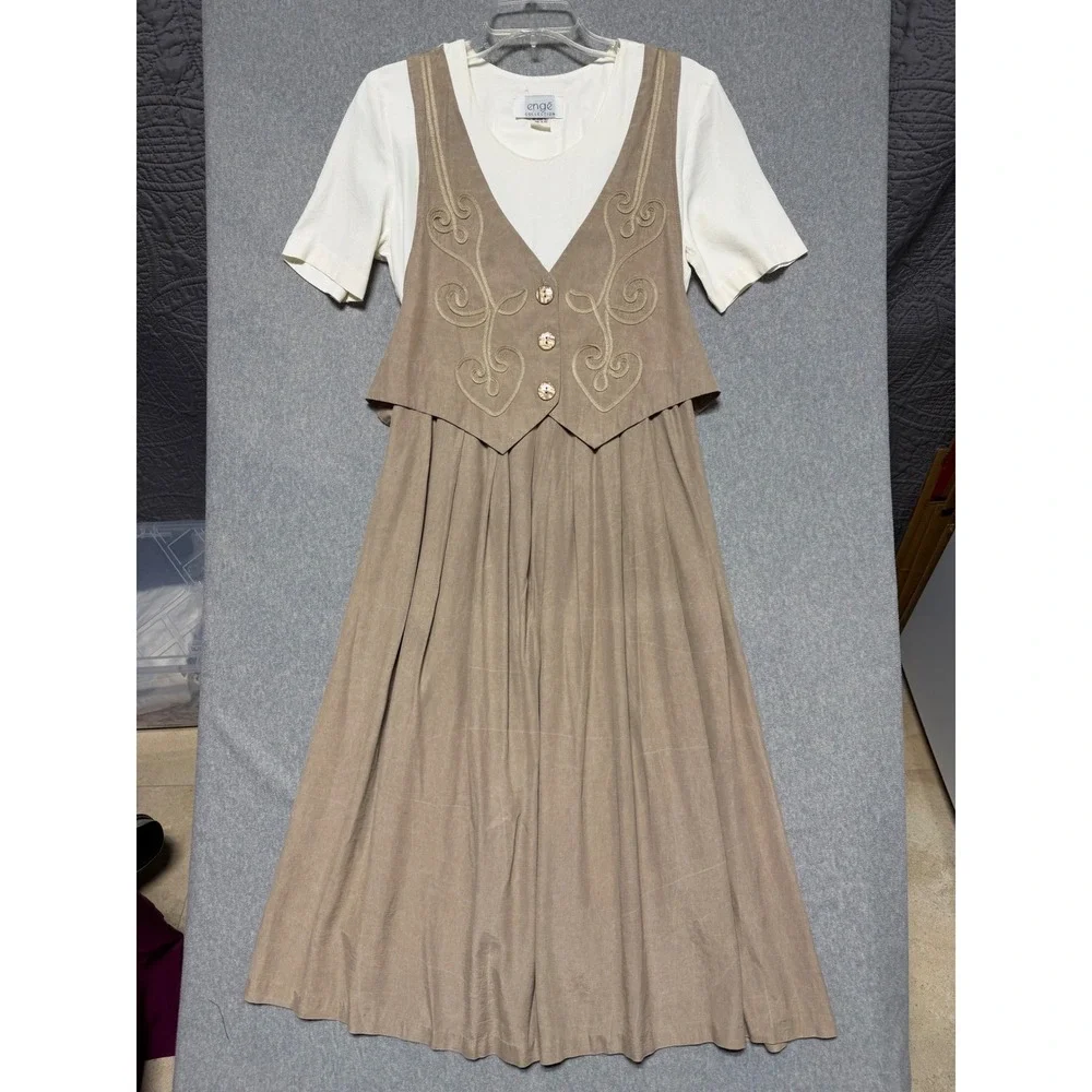 Enge Collection‎ Vintage Tan Vest Layered Midi Dress Size 8 Made in USA Soutache